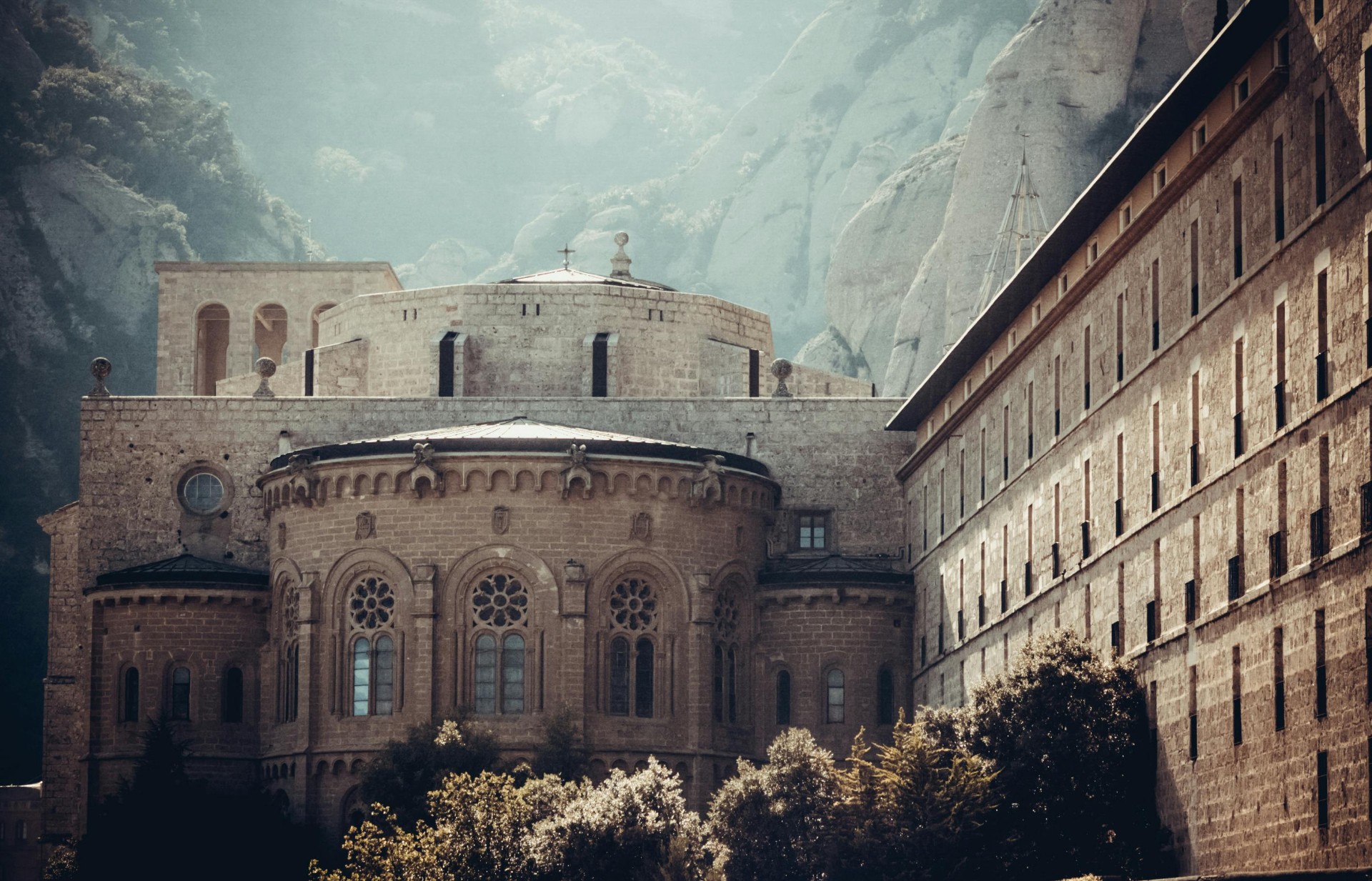 Montserrat monastery against the serrated mountain